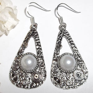 Dark Silver & White Pearl Statement Earrings Dangle Drop Costume Jewelry 1910